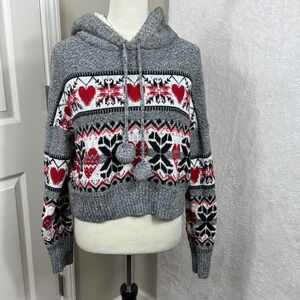 Yes Lola Women L Gray Red Heart Nordic Fair Isle Knit Hoodie Pom Pom Drawstring